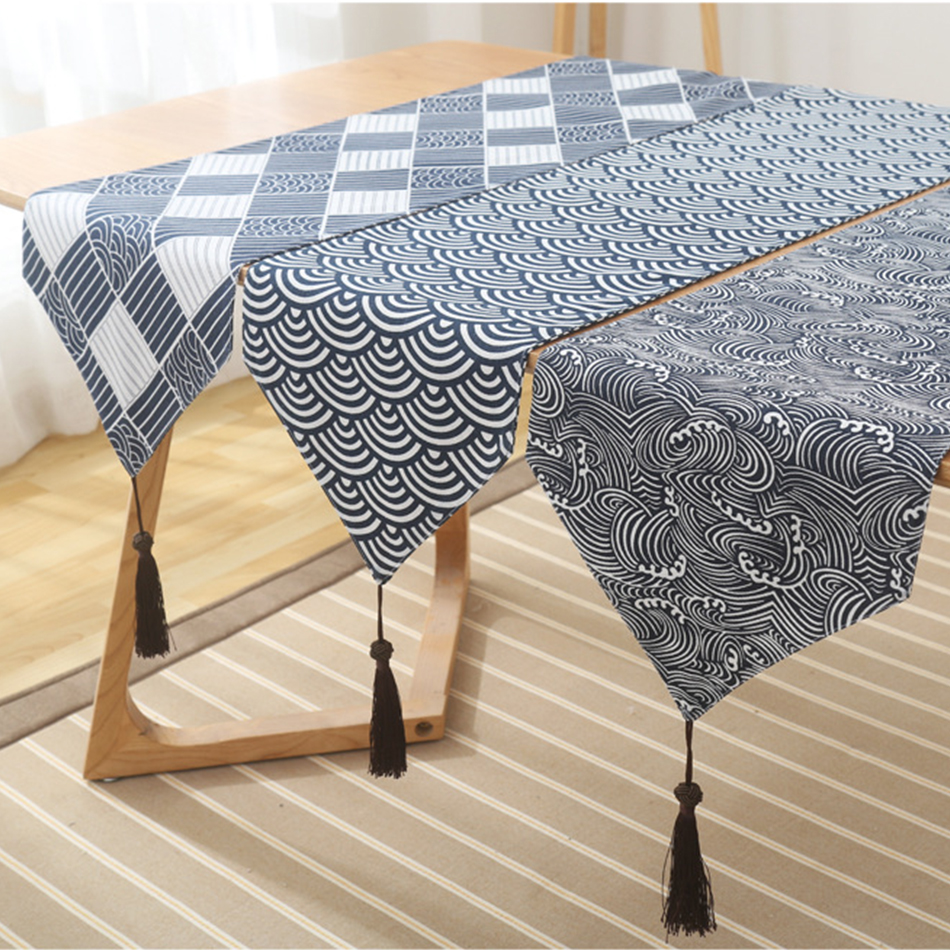 Japanese Electronics Gadgets - Japanese Table Runner,Classical Navy Blue Burlap